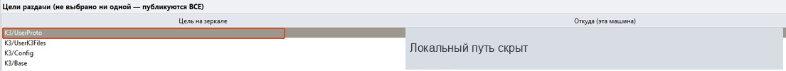 Таблица публикации с выбранной целью K3/UserProto; локальные пути скрыты